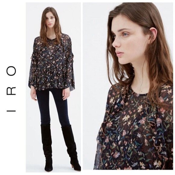 IRO Womens Bow Blouse Sz 36 US 4 Black Orchid Floral Silk Ruffle Open Back Top - Picture 1 of 11
